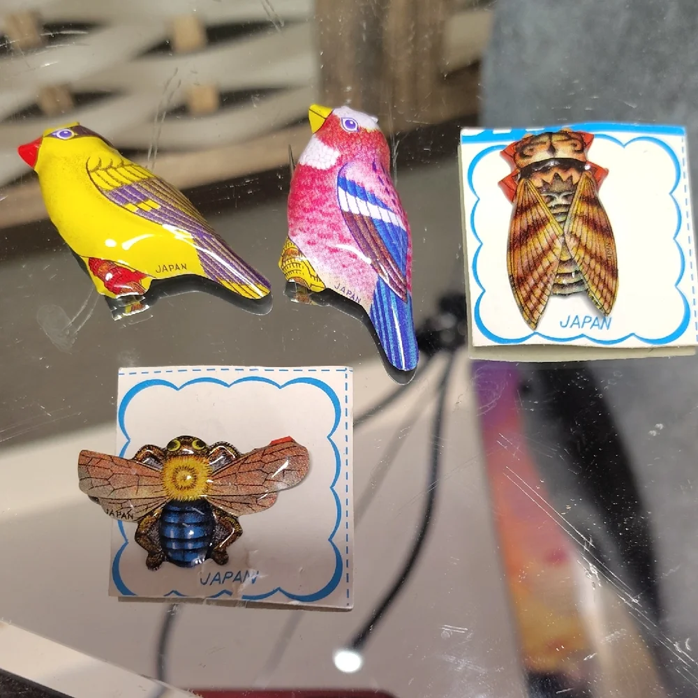 Vintage 1950s Colorful Bird and Insect Brooch Set